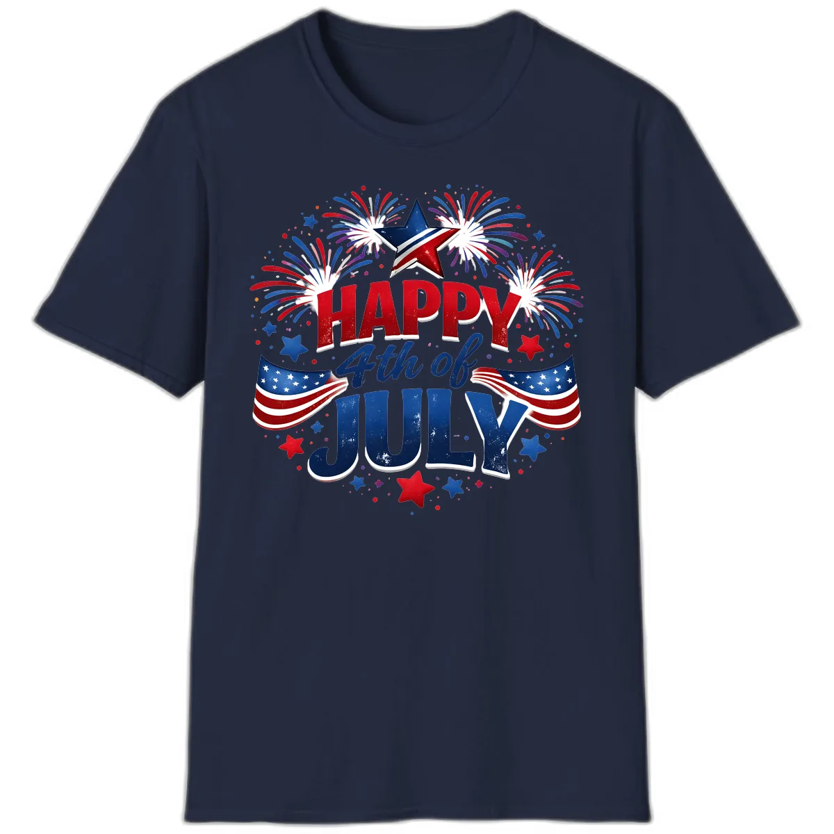 Happy Fourth of July Fireworks and Flags T-Shirt in Navy
