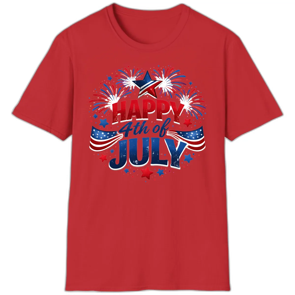 Happy Fourth of July Fireworks and Flags T-Shirt in Red