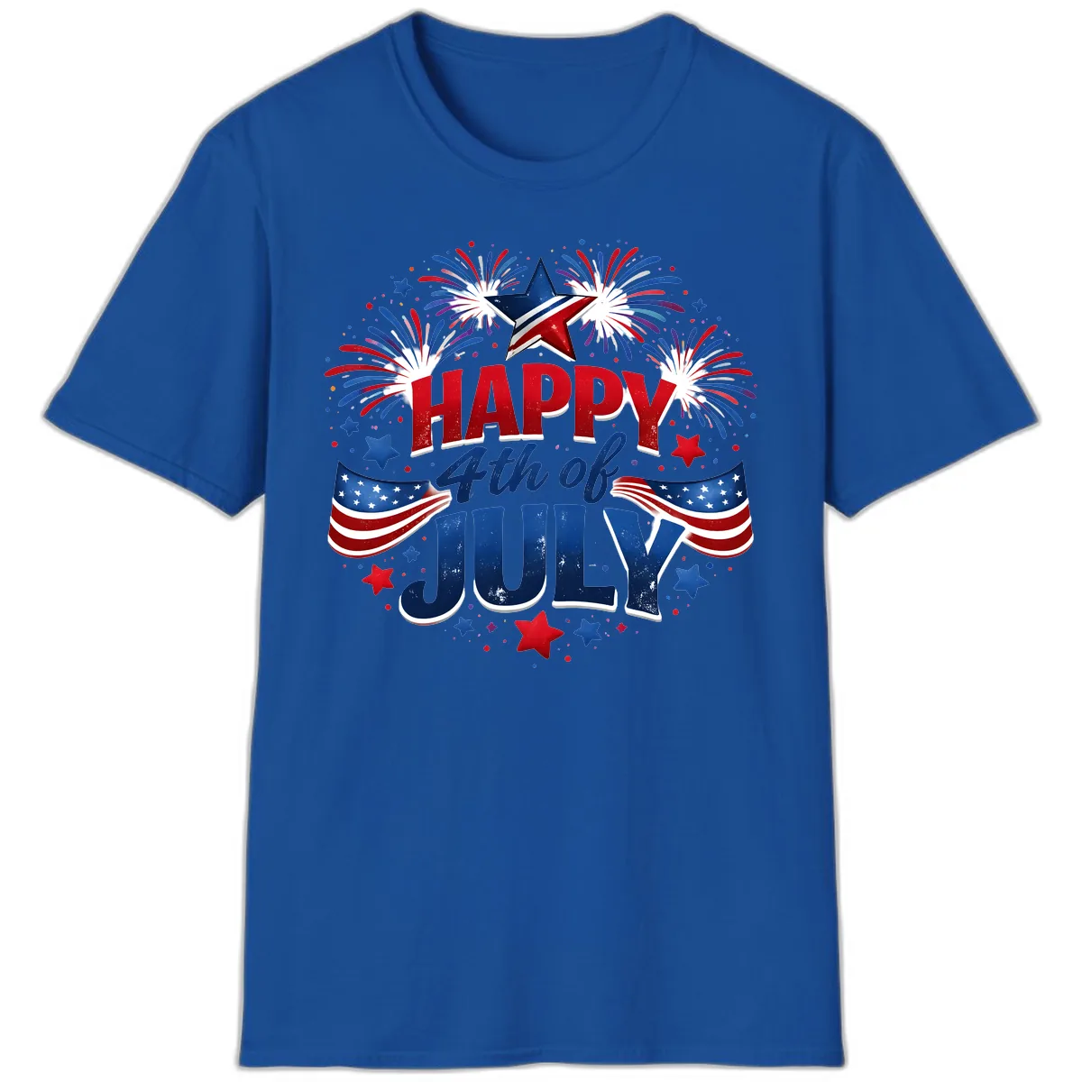 Happy Fourth of July Fireworks and Flags T-Shirt in Royal