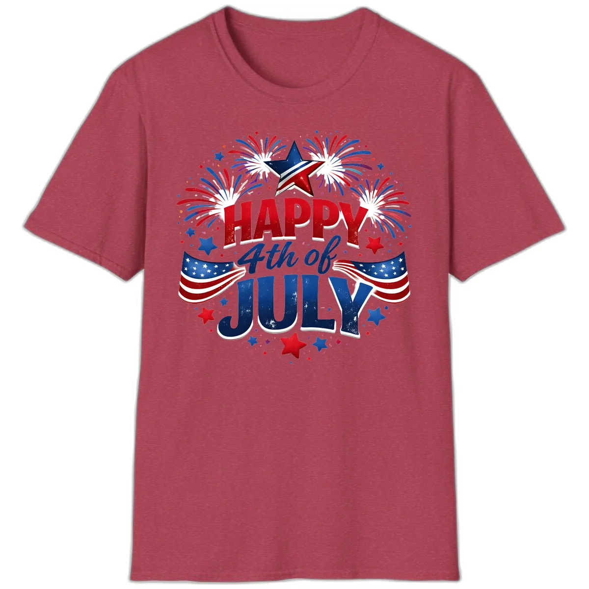 Happy Fourth of July Fireworks and Flags T-Shirt in Heather Cardinal