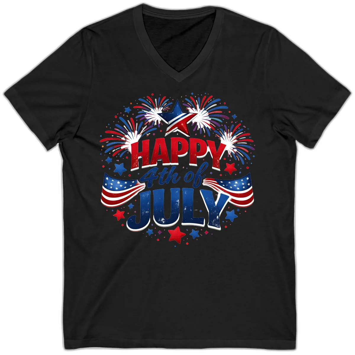 Happy Fourth of July Fireworks and Flags V-Neck in Black