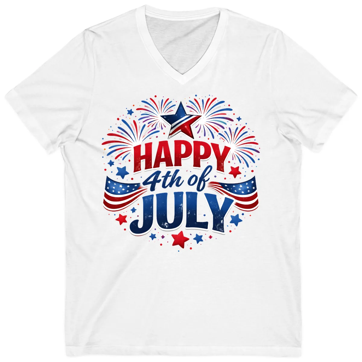 Happy Fourth of July Fireworks and Flags V-Neck in White