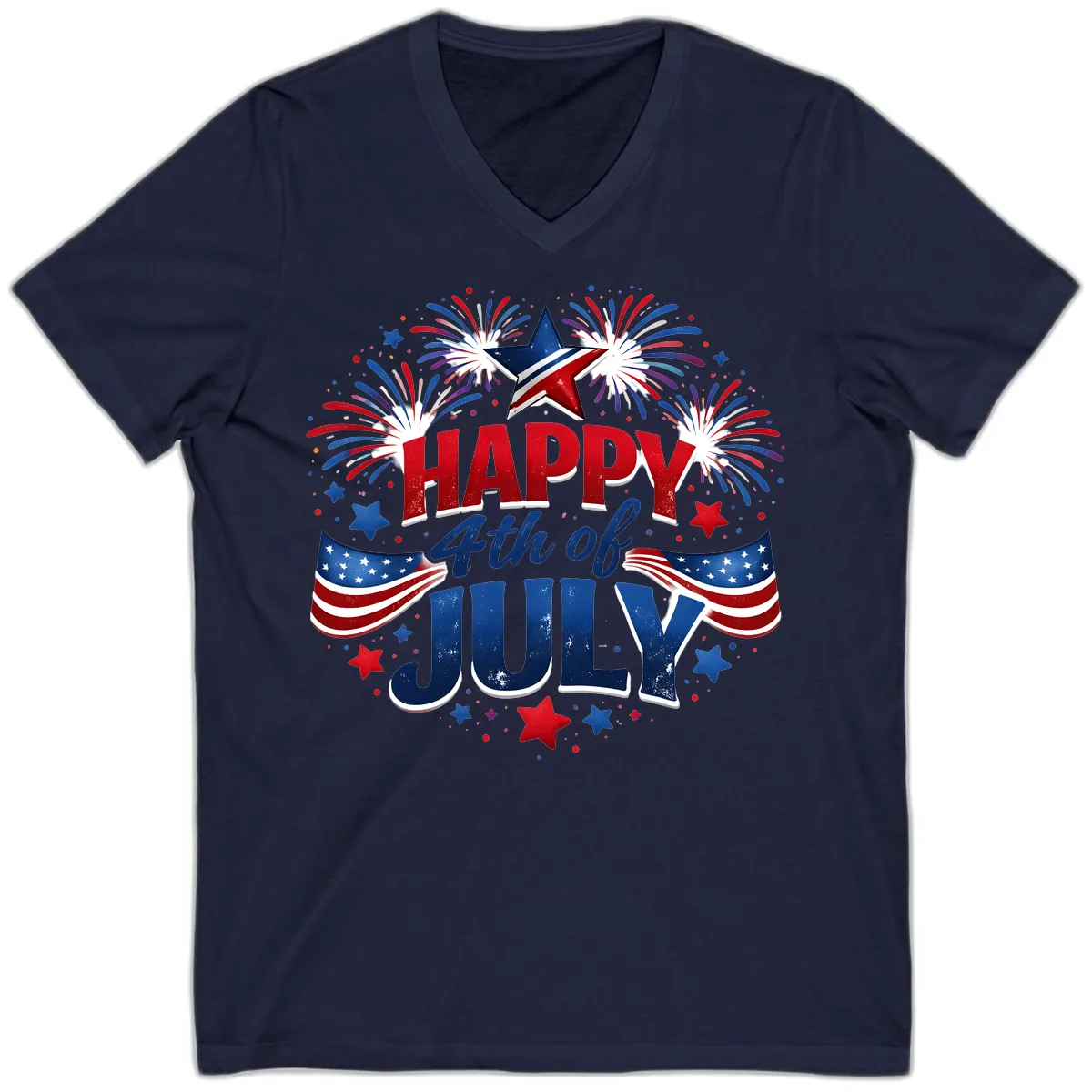 Happy Fourth of July Fireworks and Flags V-Neck in Navy