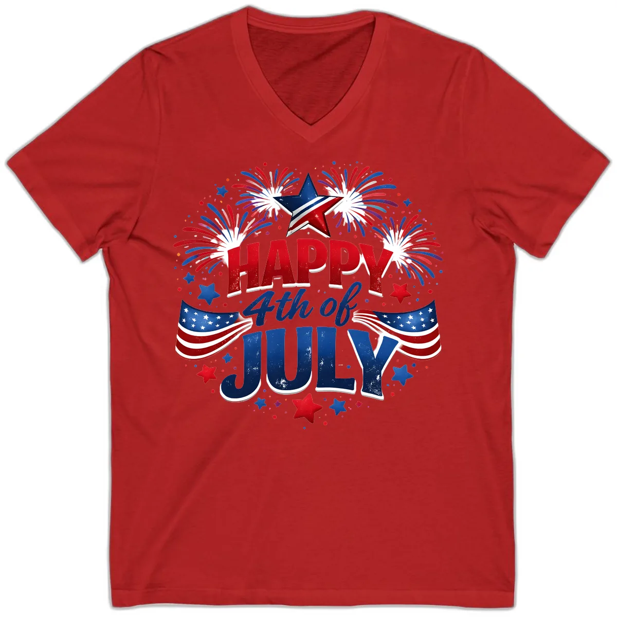 Happy Fourth of July Fireworks and Flags V-Neck in Red