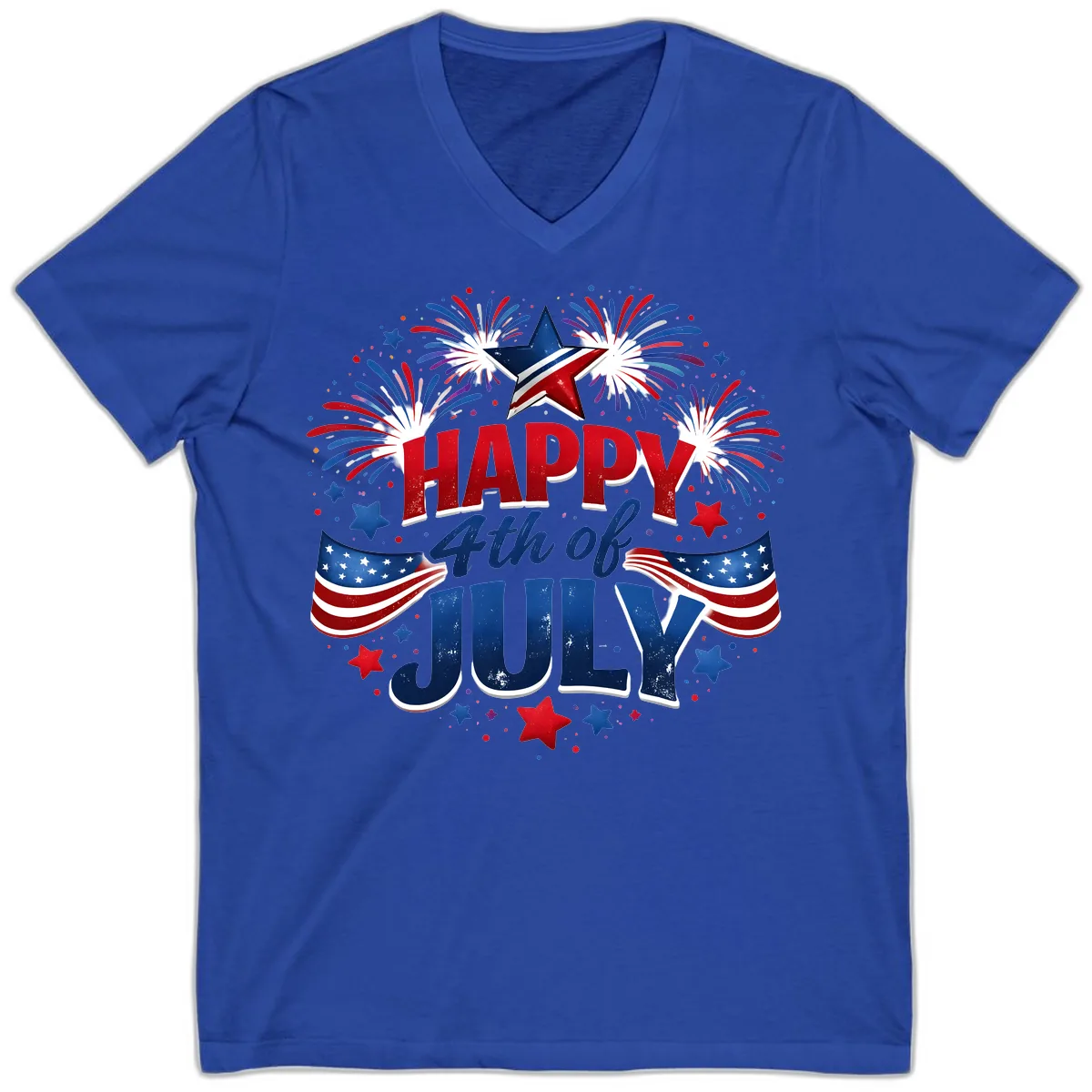 Happy Fourth of July Fireworks and Flags V-Neck in True Royal