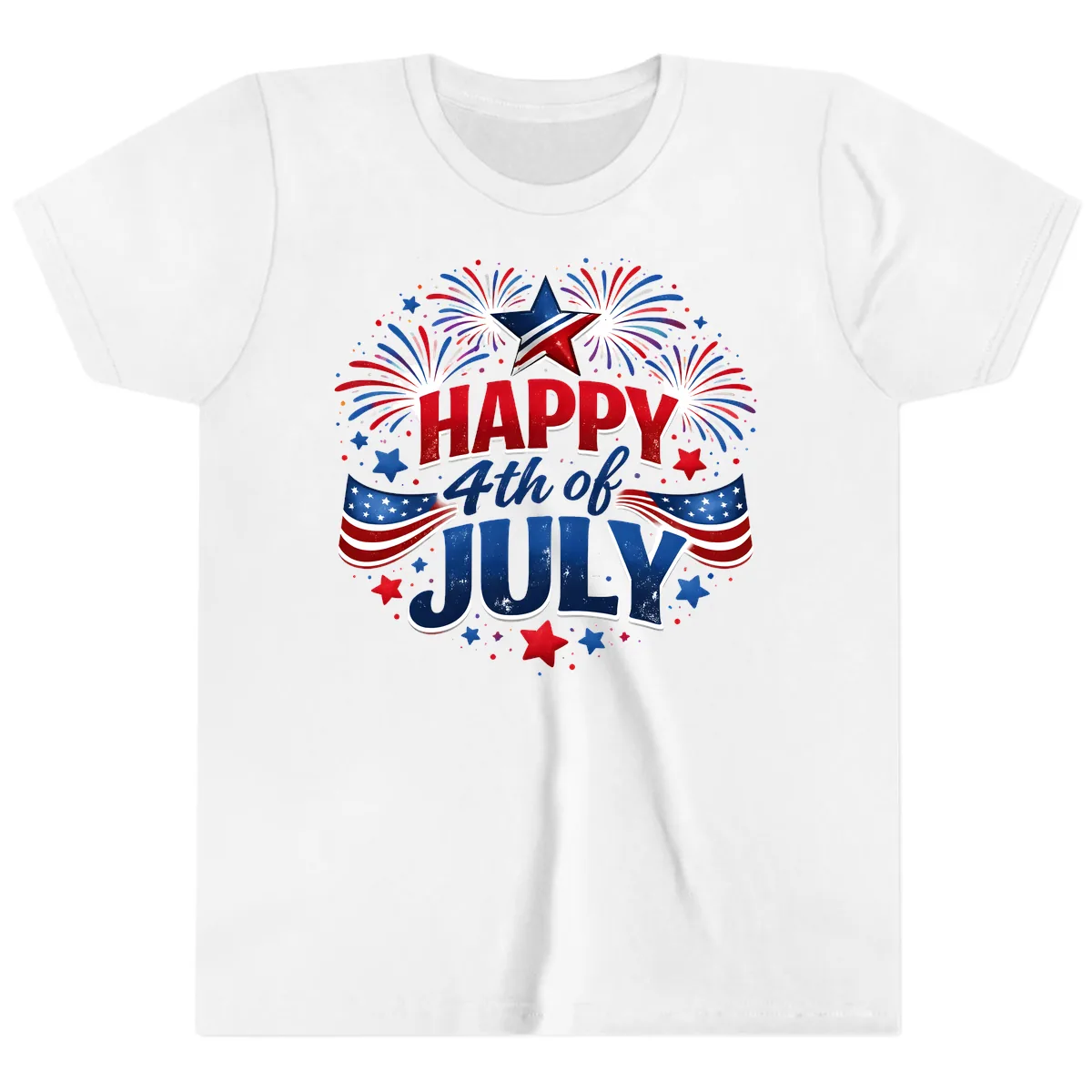 Happy Fourth of July Fireworks and Flags Youth T-Shirt in White
