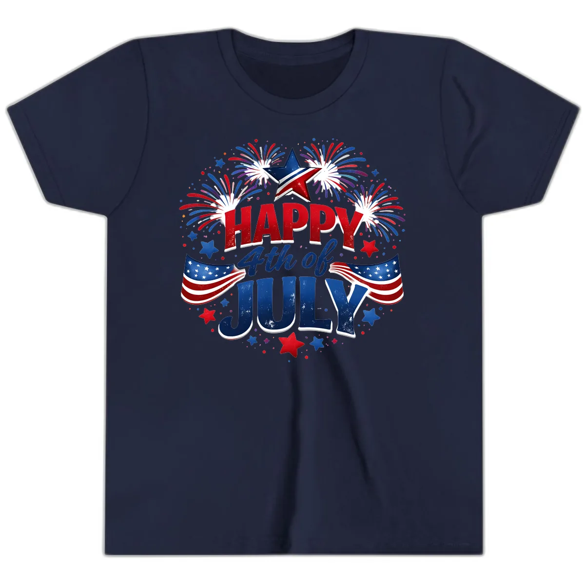 Happy Fourth of July Fireworks and Flags Youth T-Shirt in Navy