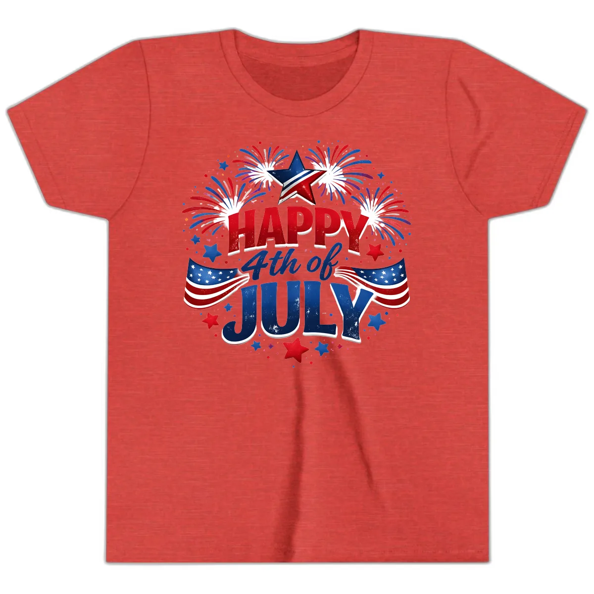 Happy Fourth of July Fireworks and Flags Youth T-Shirt in Heather Red