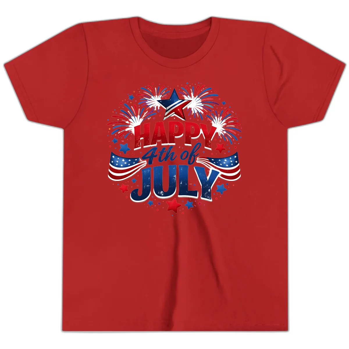 Happy Fourth of July Fireworks and Flags Youth T-Shirt in Red