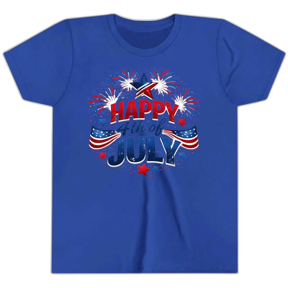 Happy Fourth of July Fireworks and Flags Youth T-Shirt in True Royal