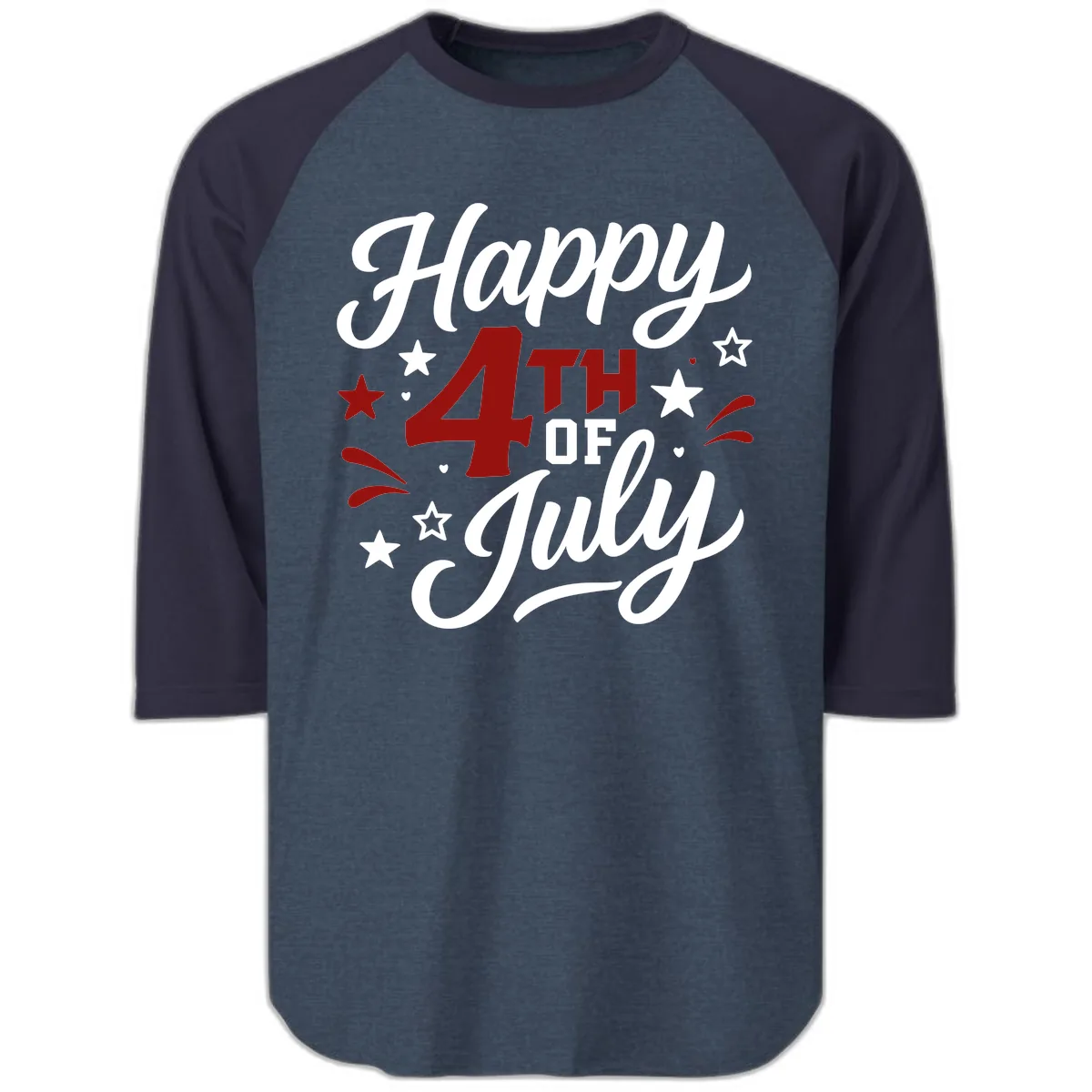 Happy Fourth of July Patriotic Celebration Raglan 3/4 in Heather Denim Navy