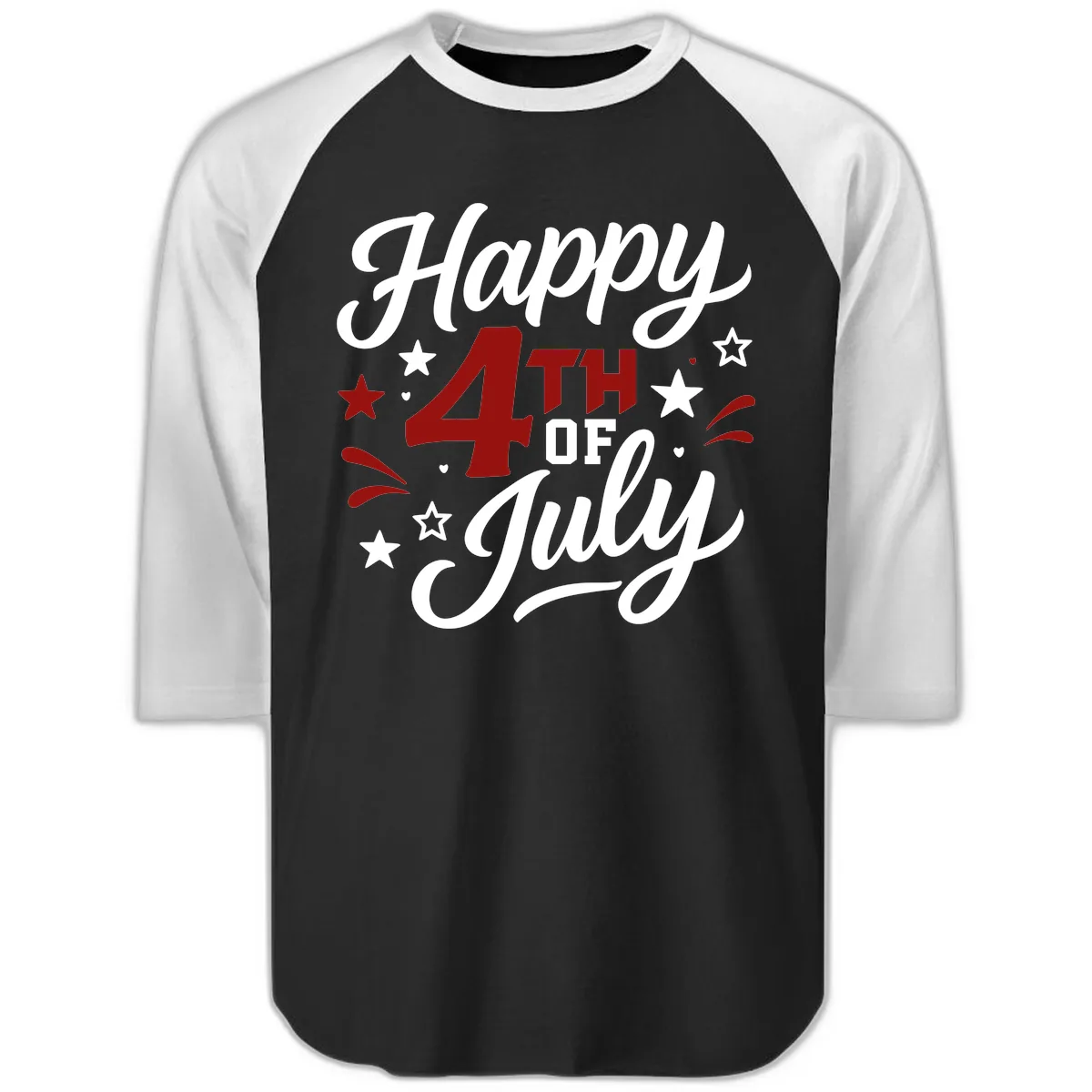 Happy Fourth of July Patriotic Celebration Raglan 3/4 in Black White