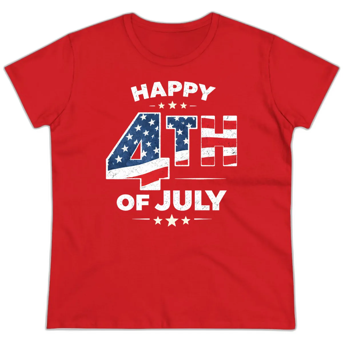 Happy Fourth Of July American Flag Numbers Ladies Tee in Red