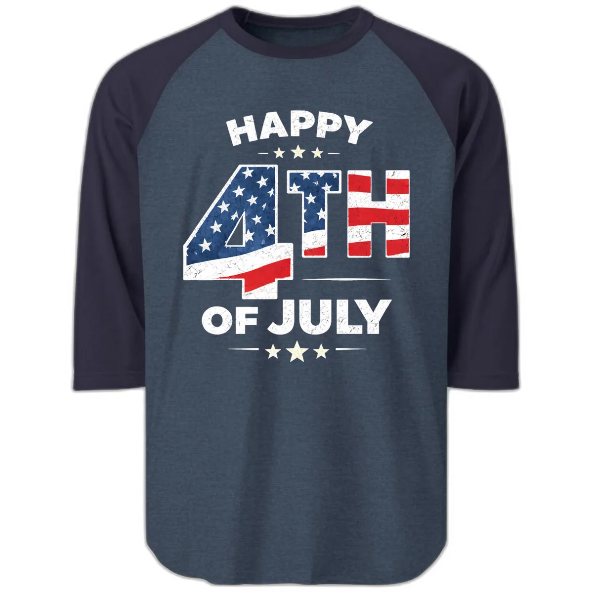 Happy Fourth Of July American Flag Numbers Raglan 3/4 in Heather Denim Navy
