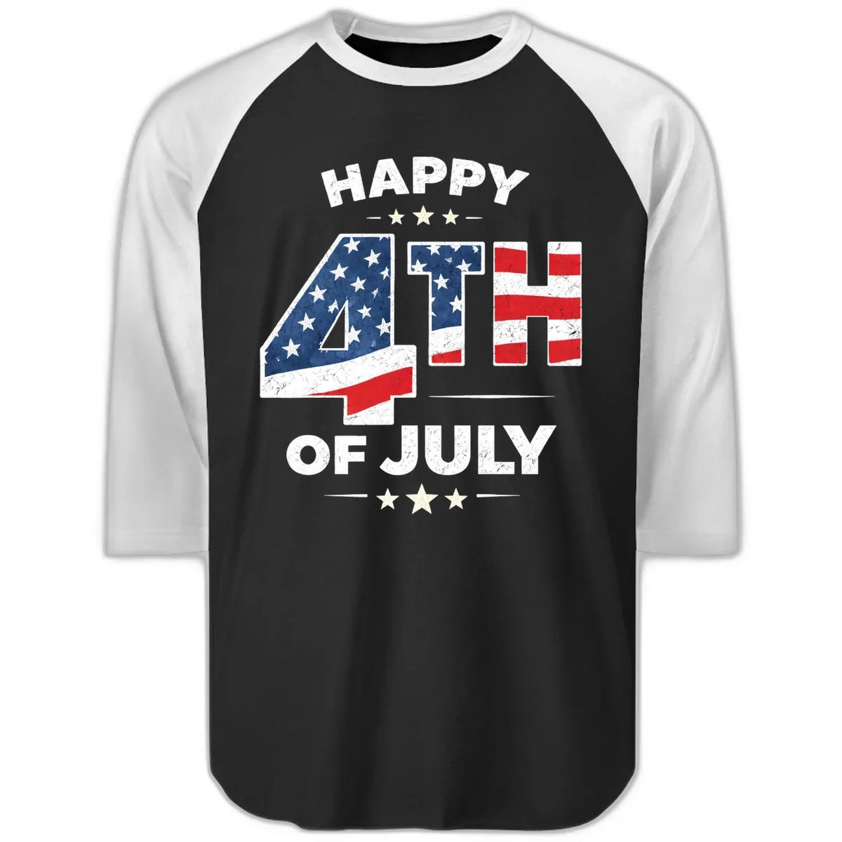 Happy Fourth Of July American Flag Numbers Raglan 3/4 in Black White