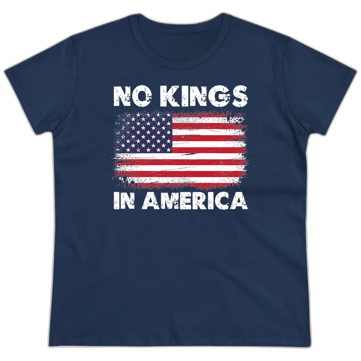 No Kings In America Distressed Flag Design Ladies Tee in Navy