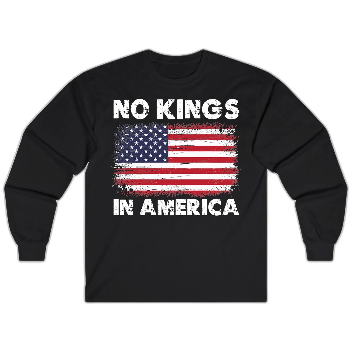 No Kings In America Distressed Flag Design Long Sleeve in Black