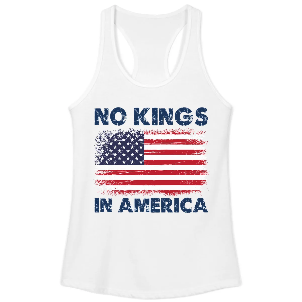 No Kings In America Distressed Flag Design Ladies Tank in White