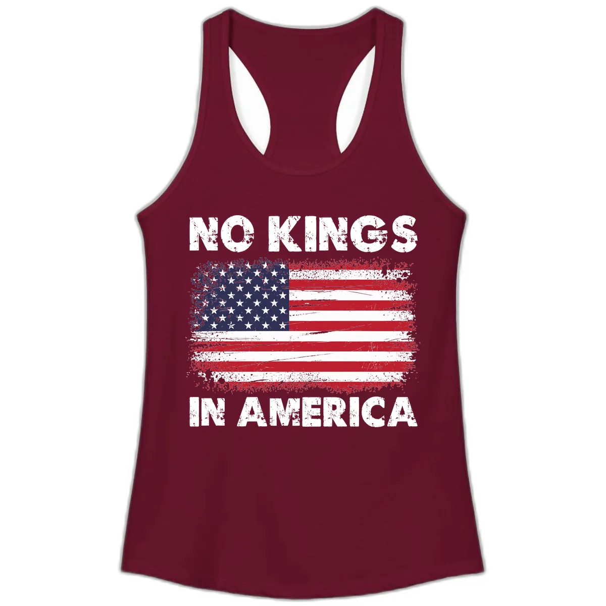 No Kings In America Distressed Flag Design Ladies Tank in Solid Cardinal Red