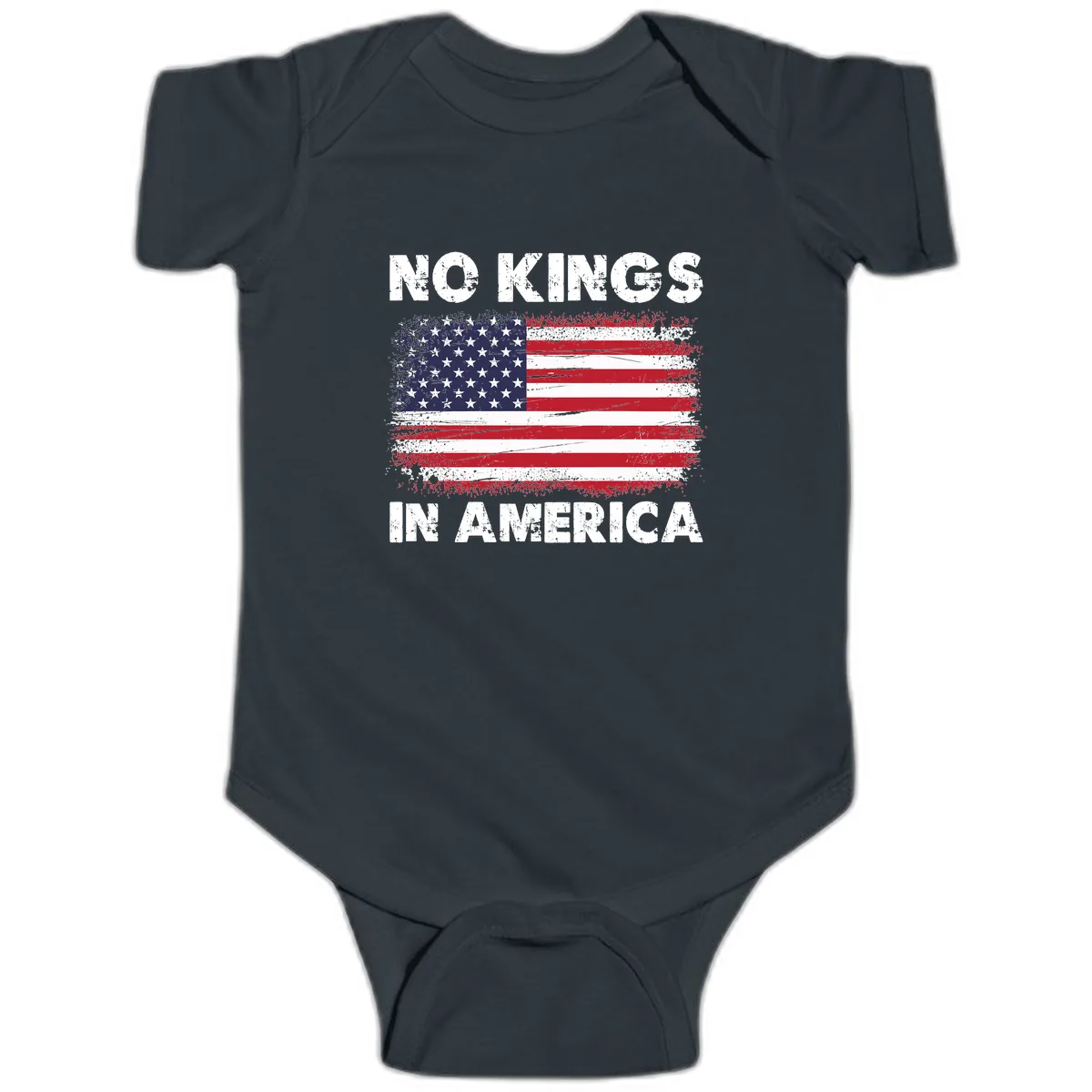 No Kings In America Distressed Flag Design Baby Onesie in Black