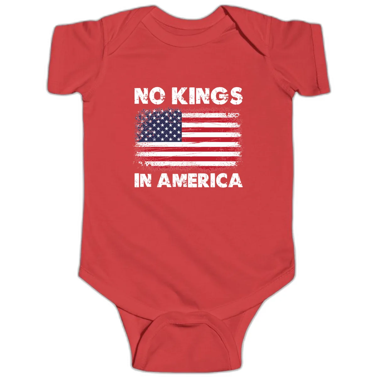 No Kings In America Distressed Flag Design Baby Onesie in Red
