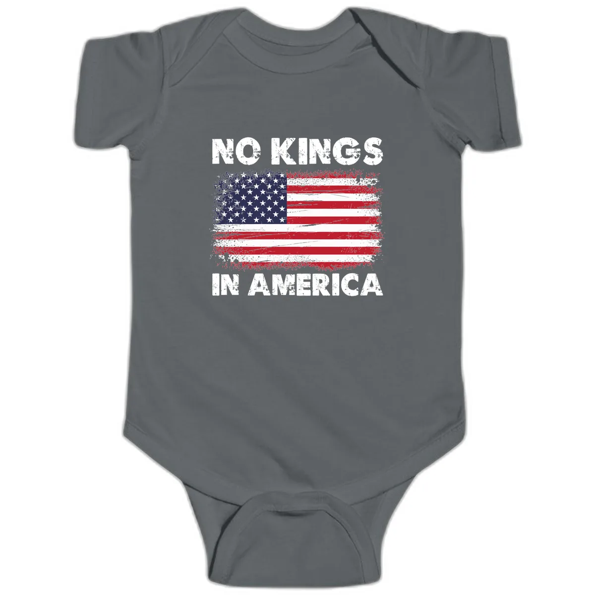 No Kings In America Distressed Flag Design Baby Onesie in Charcoal