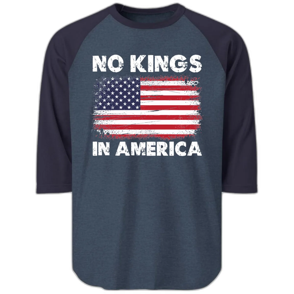 No Kings In America Distressed Flag Design Raglan 3/4 in Heather Denim Navy