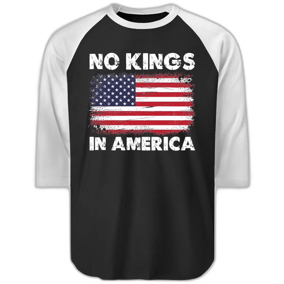 No Kings In America Distressed Flag Design Raglan 3/4 in Black White