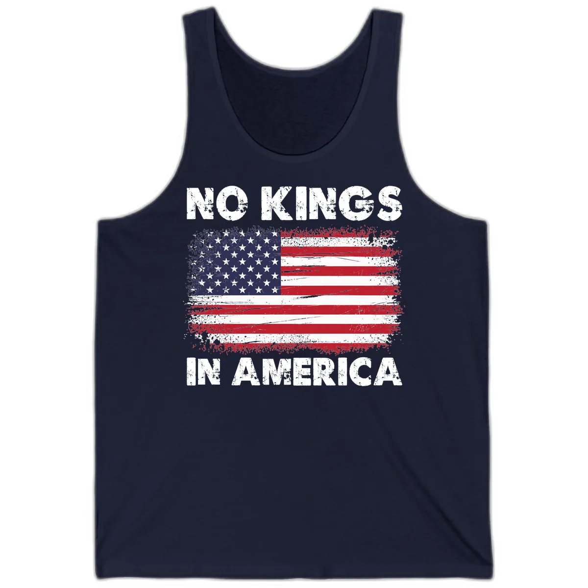 No Kings In America Distressed Flag Design Tank in Navy