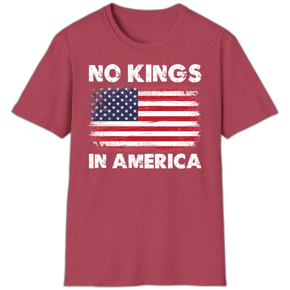 No Kings In America Distressed Flag Design T-Shirt in Heather Cardinal