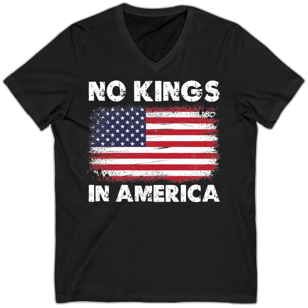 No Kings In America Distressed Flag Design V-Neck in Black