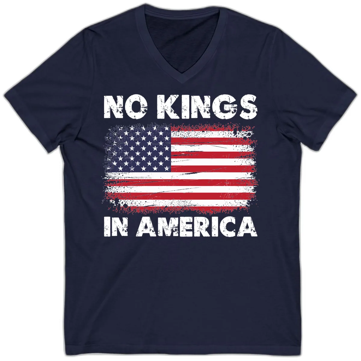 No Kings In America Distressed Flag Design V-Neck in Navy