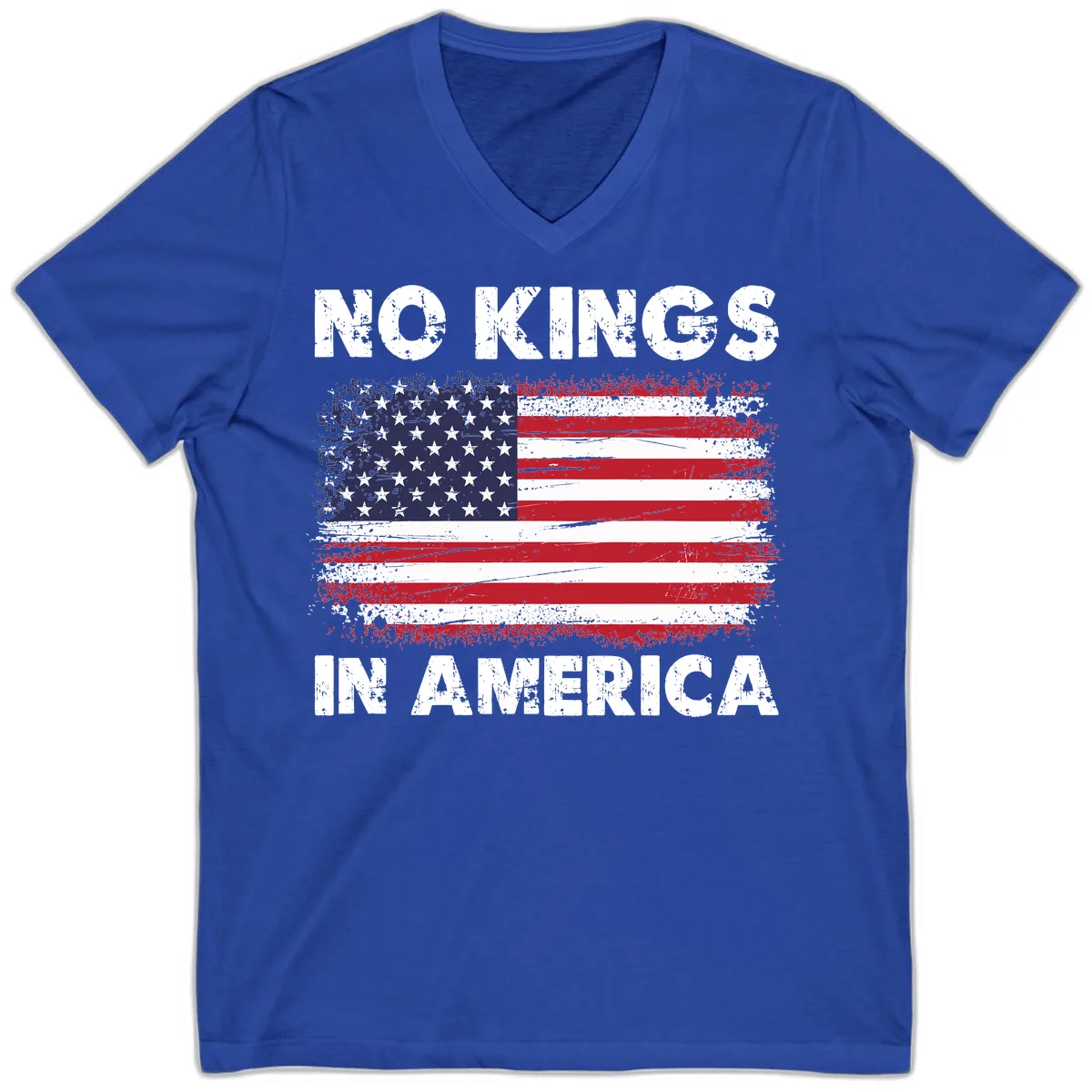 No Kings In America Distressed Flag Design V-Neck in True Royal