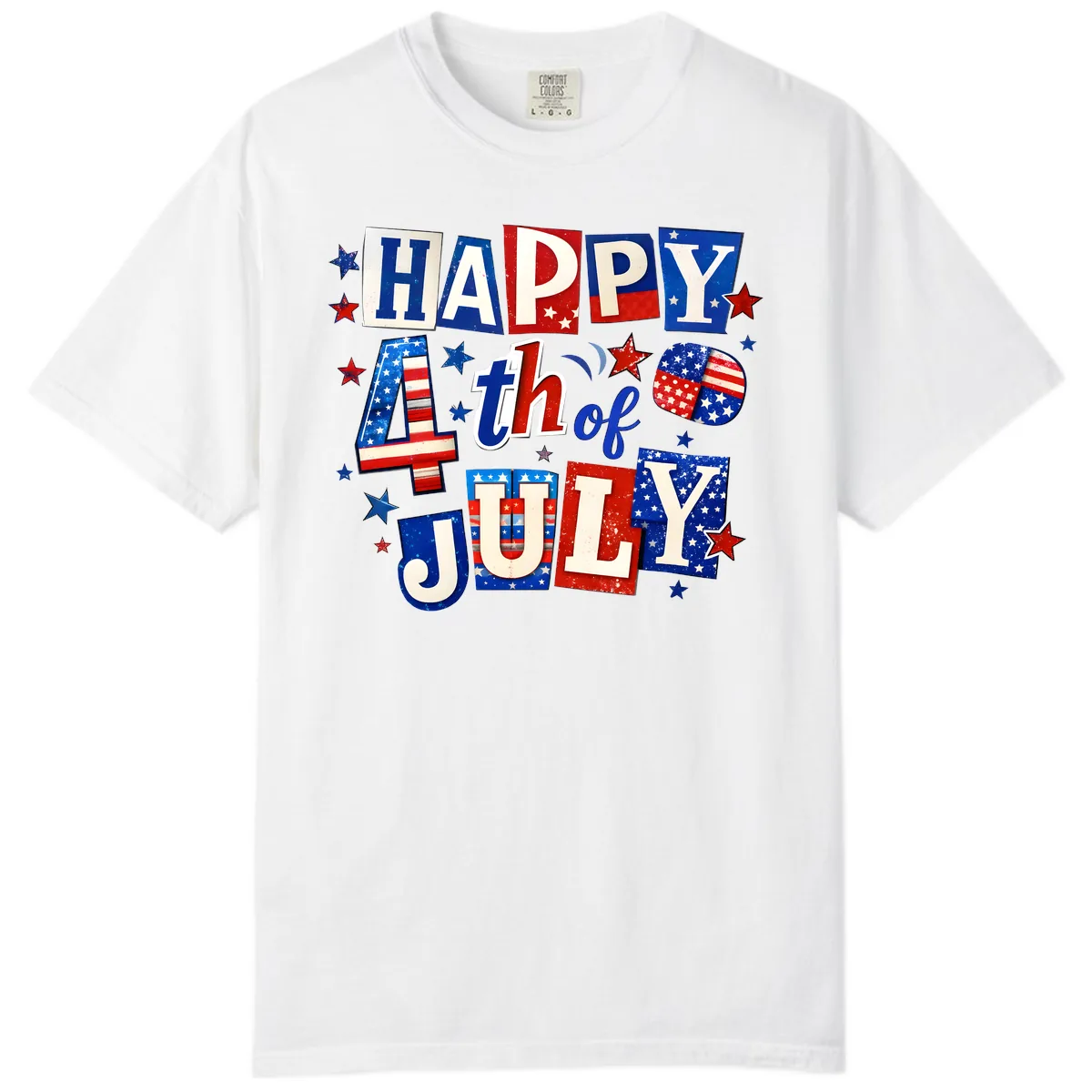Happy Fourth of July Patriotic Letters Comfort Color in White