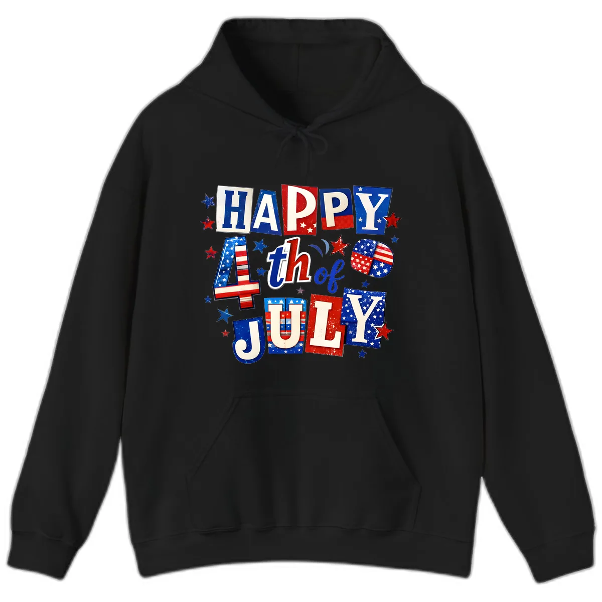 Happy Fourth of July Patriotic Letters Hoodie in Black