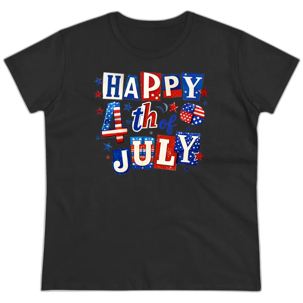 Happy Fourth of July Patriotic Letters Ladies Tee in Black