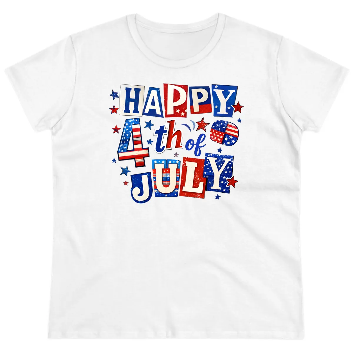 Happy Fourth of July Patriotic Letters Ladies Tee in White