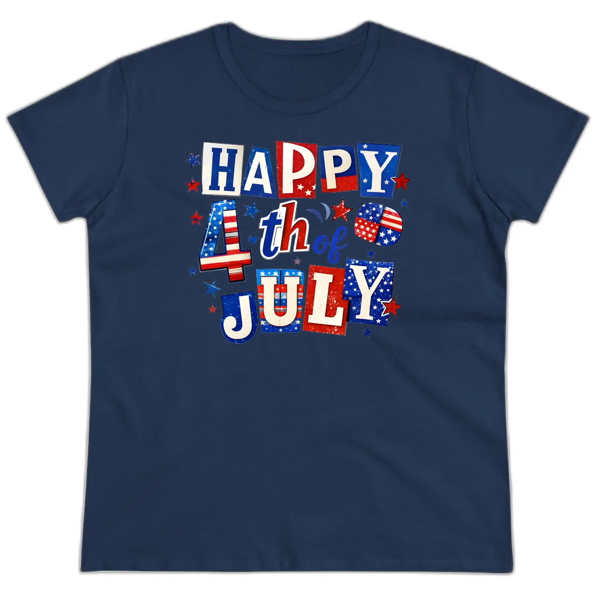 Happy Fourth of July Patriotic Letters Ladies Tee in Navy