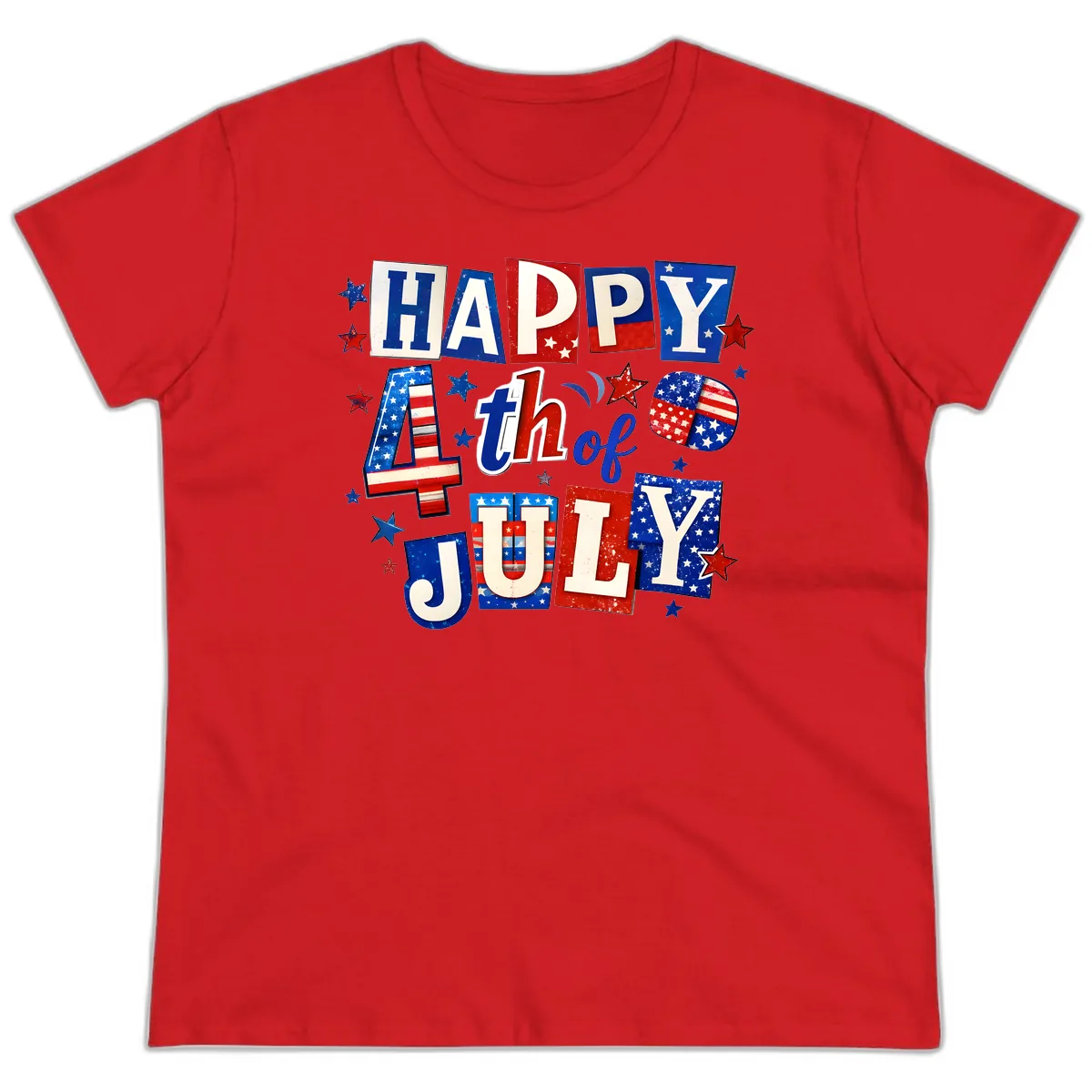 Happy Fourth of July Patriotic Letters Ladies Tee in Red