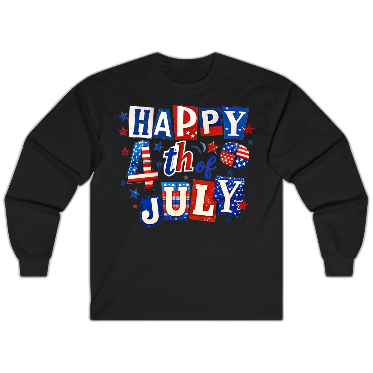 Happy Fourth of July Patriotic Letters Long Sleeve in Black