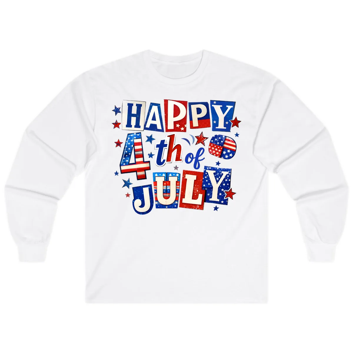 Happy Fourth of July Patriotic Letters Long Sleeve in White