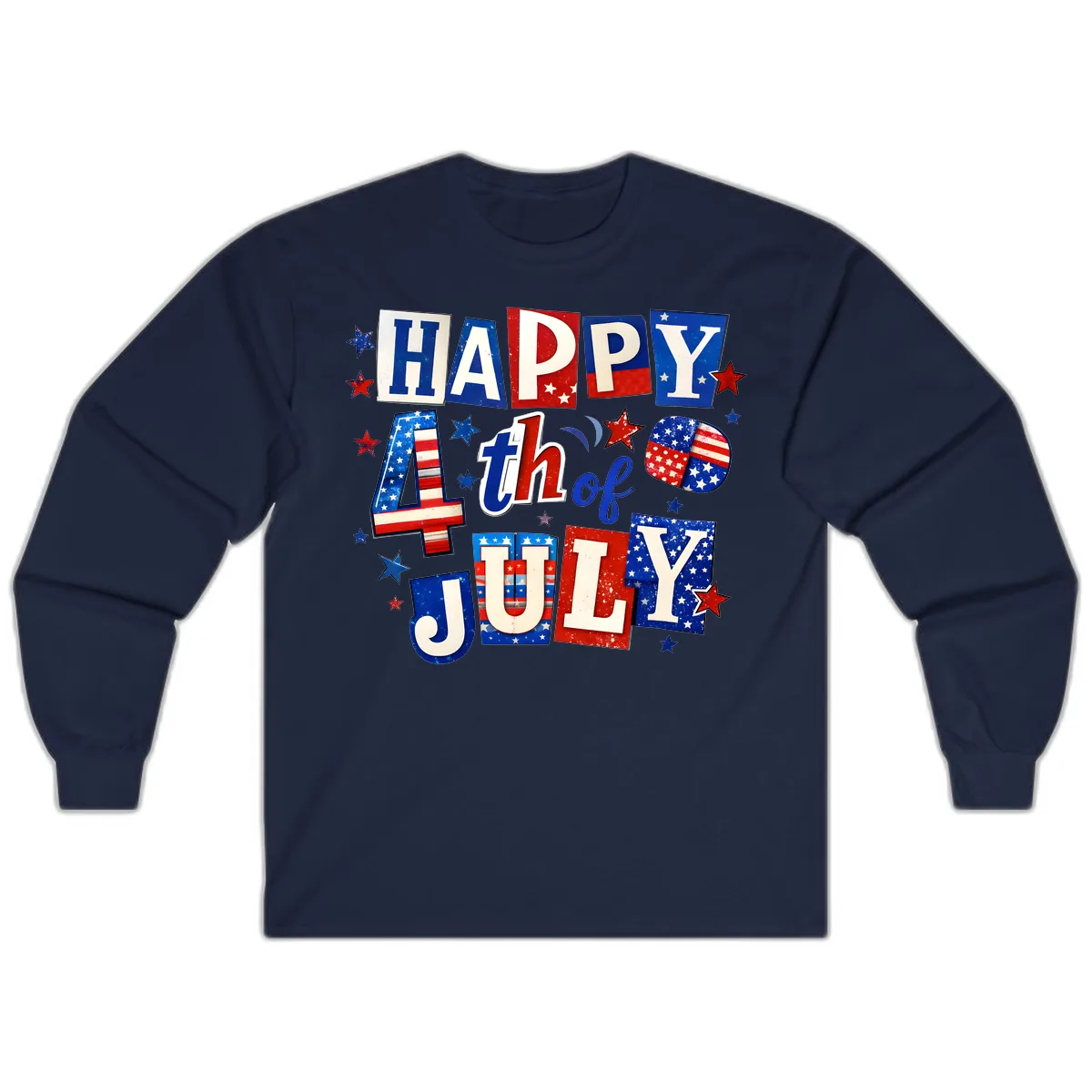 Happy Fourth of July Patriotic Letters Long Sleeve in Navy