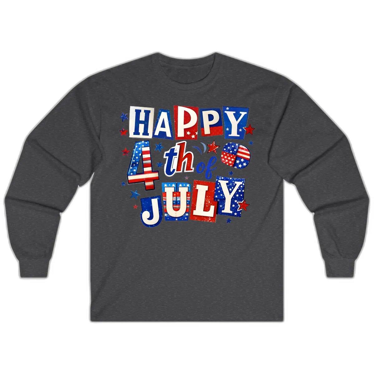 Happy Fourth of July Patriotic Letters Long Sleeve in Dark Heather