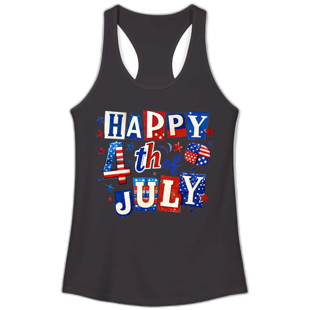 Happy Fourth of July Patriotic Letters Ladies Tank in Black