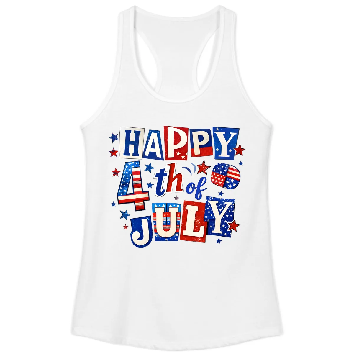 Happy Fourth of July Patriotic Letters Ladies Tank in White