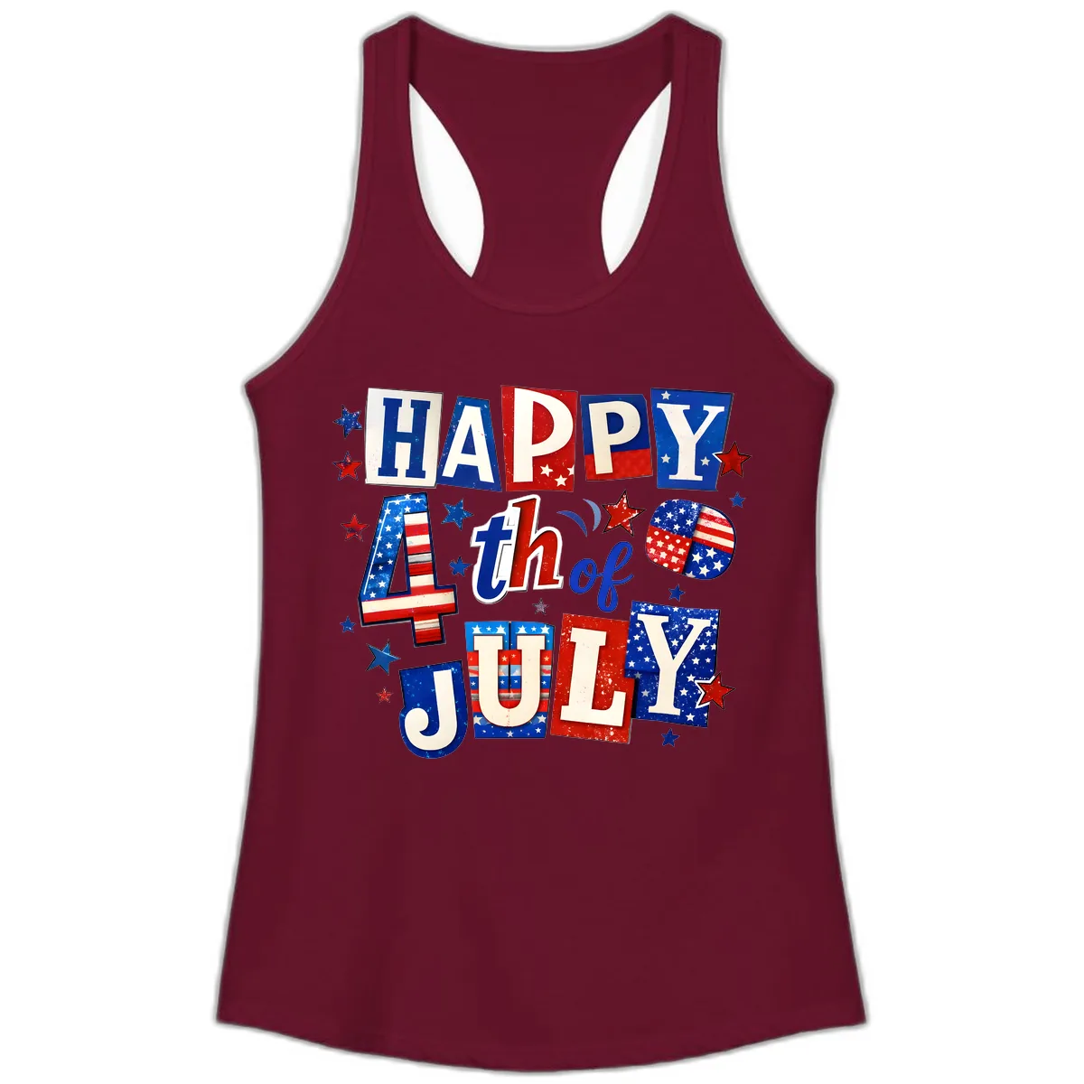 Happy Fourth of July Patriotic Letters Ladies Tank in Solid Cardinal Red