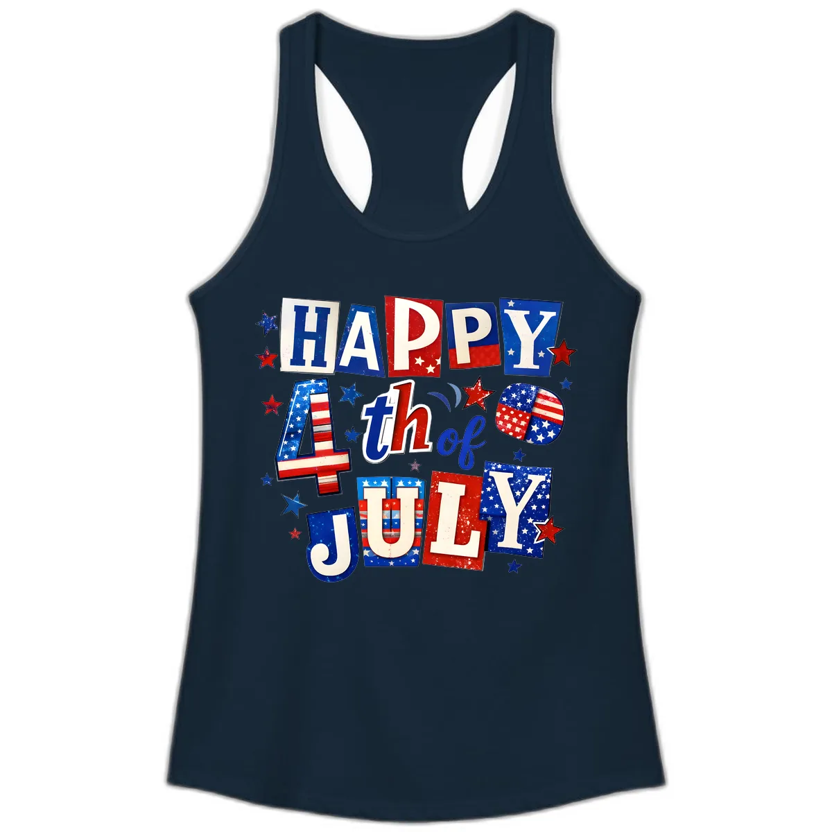 Happy Fourth of July Patriotic Letters Ladies Tank in Solid Midnight Navy
