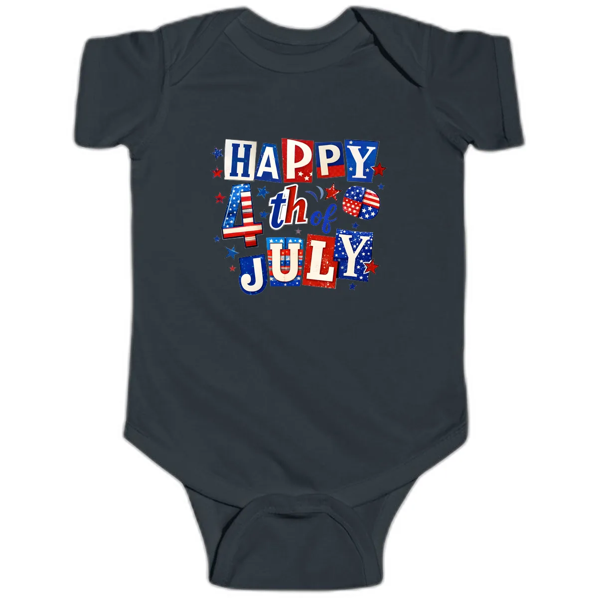Happy Fourth of July Patriotic Letters Baby Onesie in Black