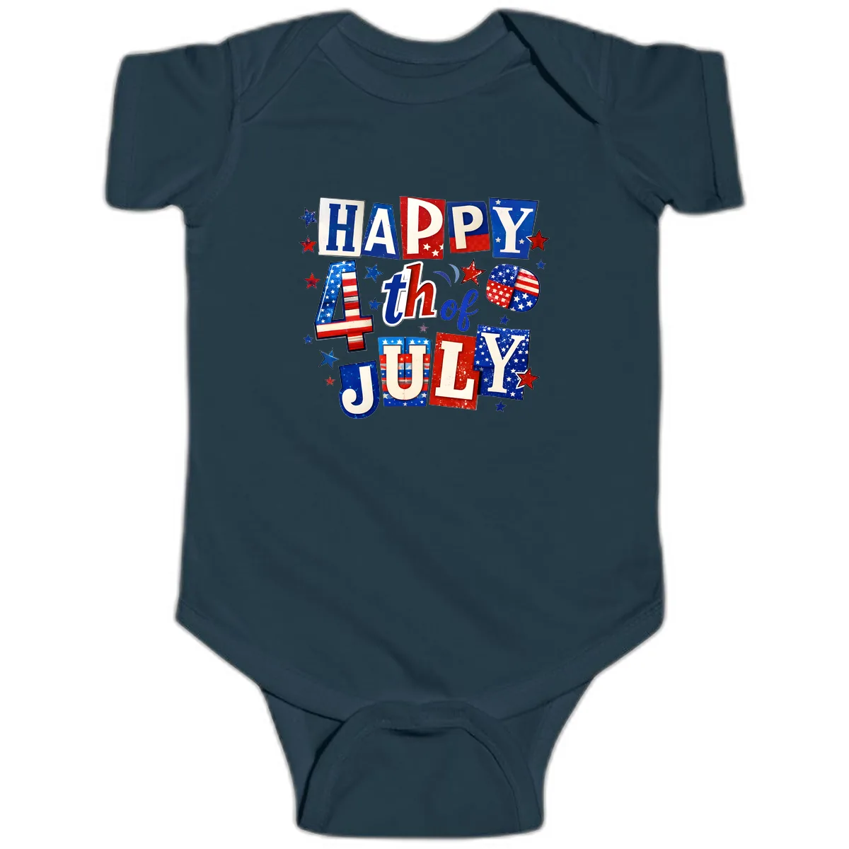 Happy Fourth of July Patriotic Letters Baby Onesie in Navy