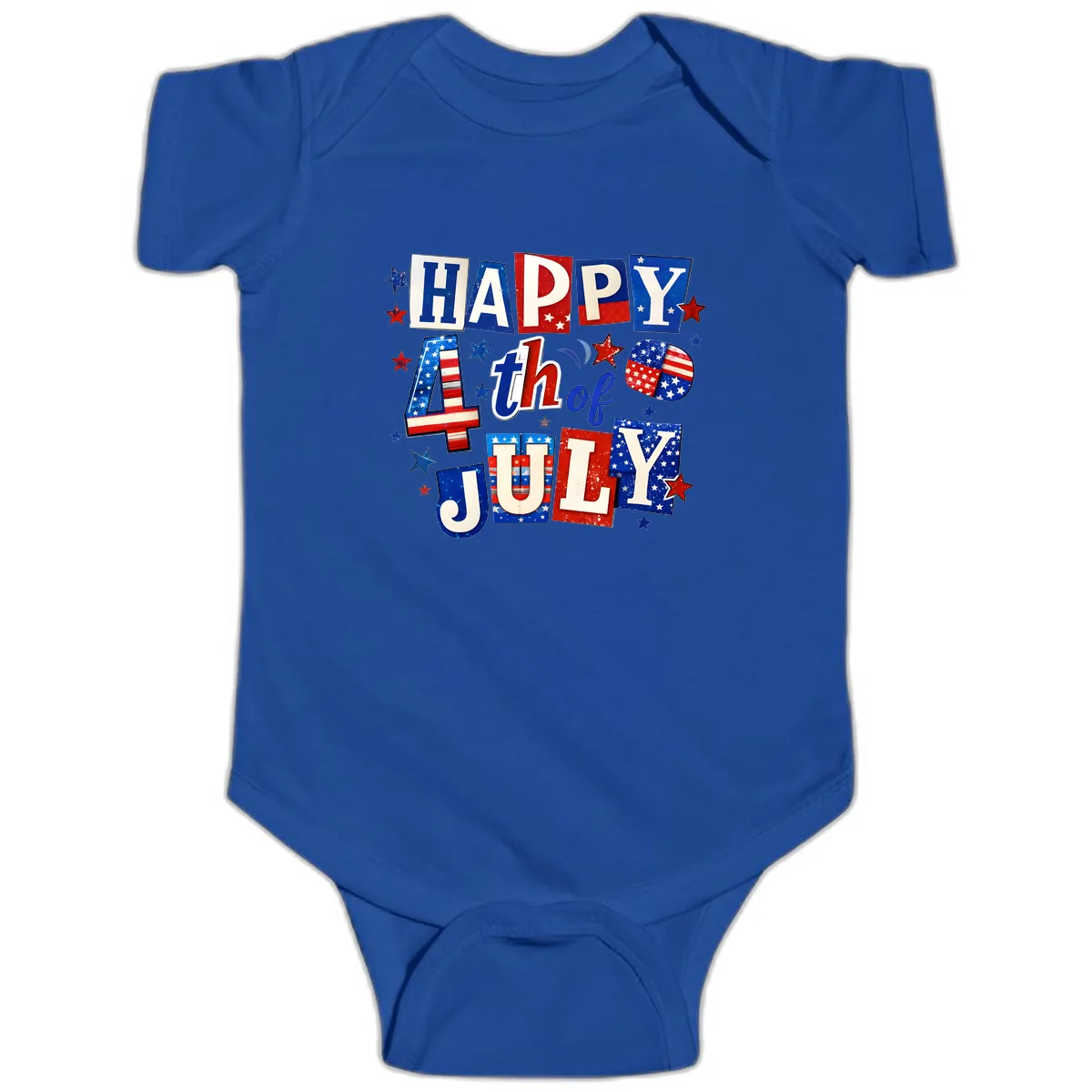 Happy Fourth of July Patriotic Letters Baby Onesie in Royal